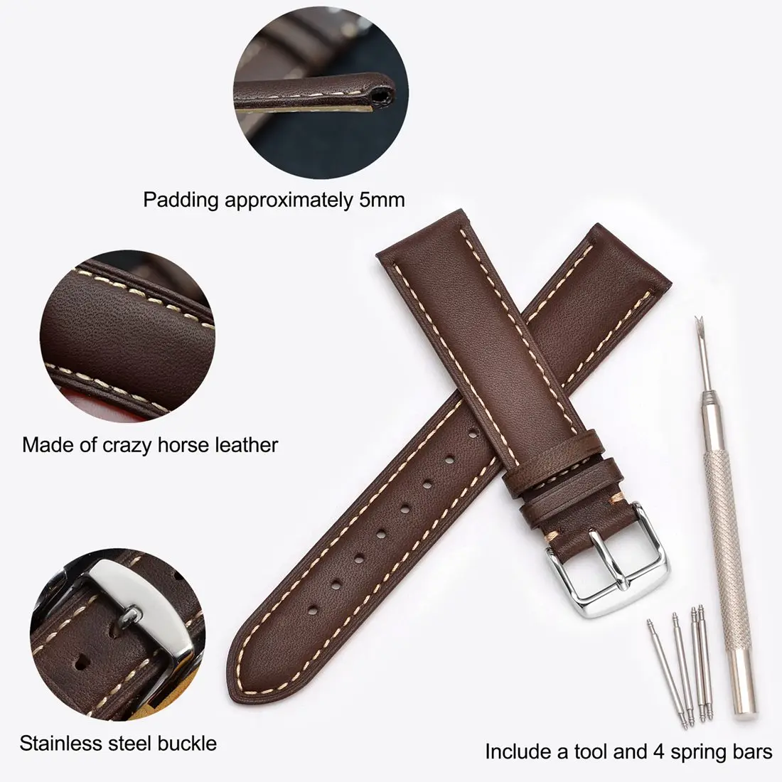 WOCCI Genuine Leather Watch Strap 14mm 16mm 18mm 19mm 20mm 21mm 22mm 23mm 24mm Replacement Watch Bands for Men Women Wristwatch