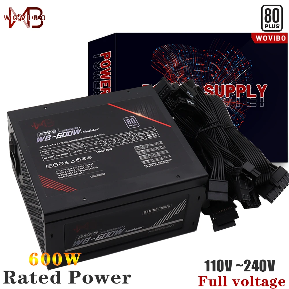 Wovibo Modular PC Power Supply PSU Rated 600W 80plus 120mm Fan Gaming 24PIN 220V 110V ATX Computer Fuente De Alimentacion Source