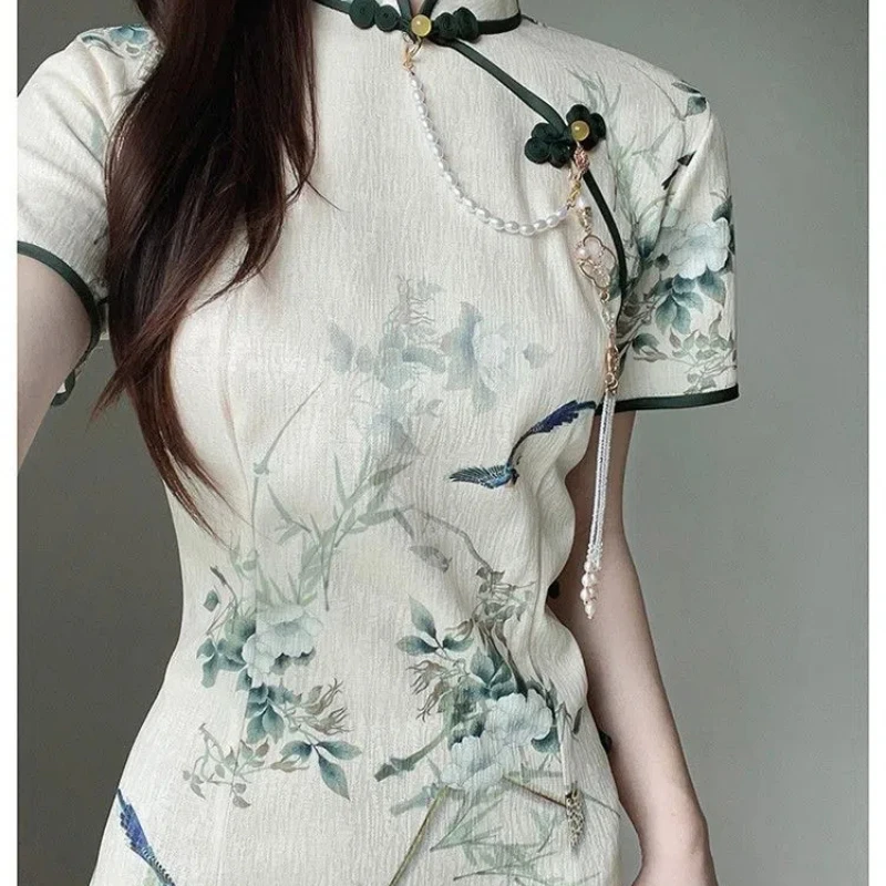 Женское платье-Ципао с коротким рукавом и воротником-стойкой в китайском стиле