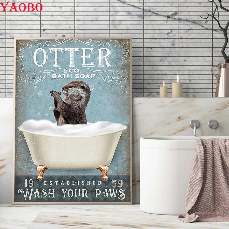 

ВИНТАЖНЫЙ ПЛАКАТ с мылом в виде выдры, милое животное, вымыть лапы, алмазная вышивка «сделай сам», алмазная живопись, Набор для вышивки крест...