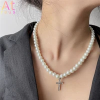 rhinestone christ jesus cross pendant simulated pearl necklace for women beads strand chain choker necklace elegant jewelry men