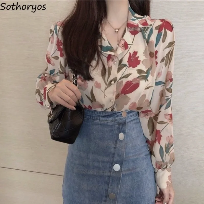 

Shirts Women Retro Style Korean Print Inside Casual Blusas De Mujer Hipster Spring Tender All-match Soft Elegant Ladies Clothing