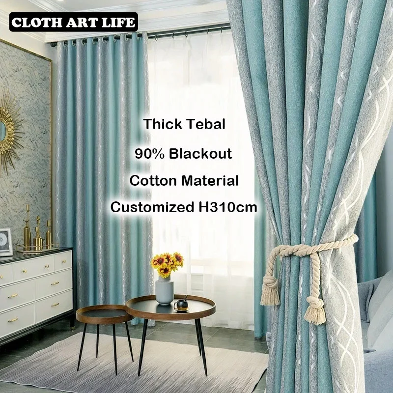 

2022 Blue Cotton Curtain 90% Blackout Window Curtain Modern Langsir Curtain for Living Room Sliding Door 3 Panel Hook/Ring Type
