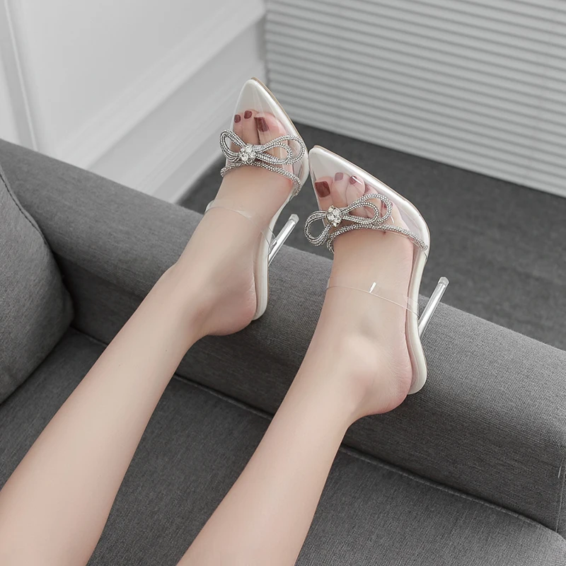 PVC Transparent Pointed Rhinestone Bow Women's Slippers Sandals Crystal Stiletto High Heels Hollow Clear Strap Slides Shoes Pump