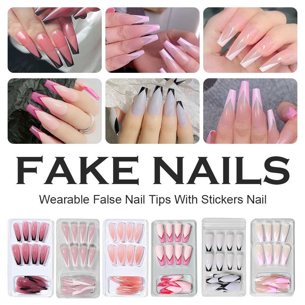 

24Pcs/Box Press On Nails Long Coffin French False Nails Full Cover Arcylic Nail Art Tips For Grils Women 2022 New Fashion