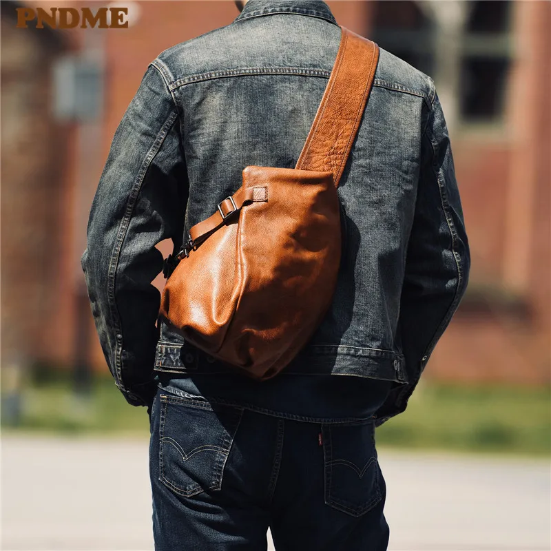 PNDME fashion vintage designer luxury genuine leather men chest bag outdoor sports crossbody bag soft real cowhide shoulder bag