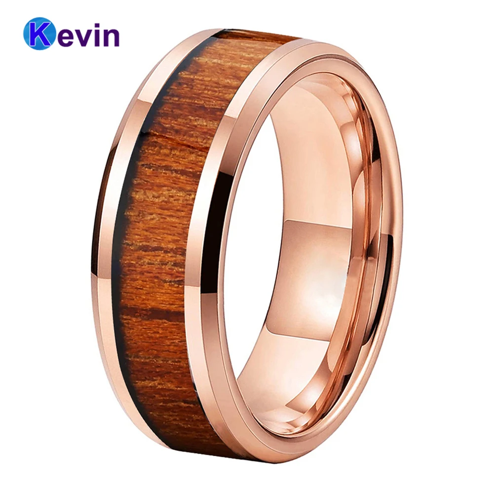 6MM 8MM Rose Gold Koa Wood Ring Men Women Tungsten Finger Wedding Band Trendy Jewelry Beveled Polished Finish Comfort Fit