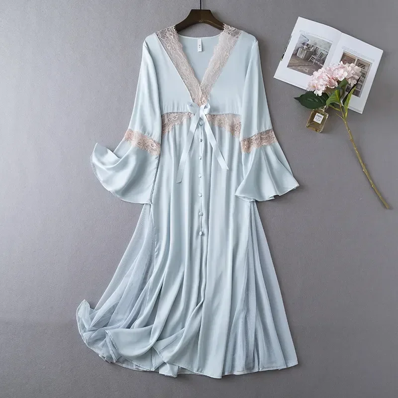 

Dressing Style Dress Court Nightgown Home Gown Lace Bathrobe V-neck Sleeve Loungewear Sleepwear Nightwear Long Female Satin