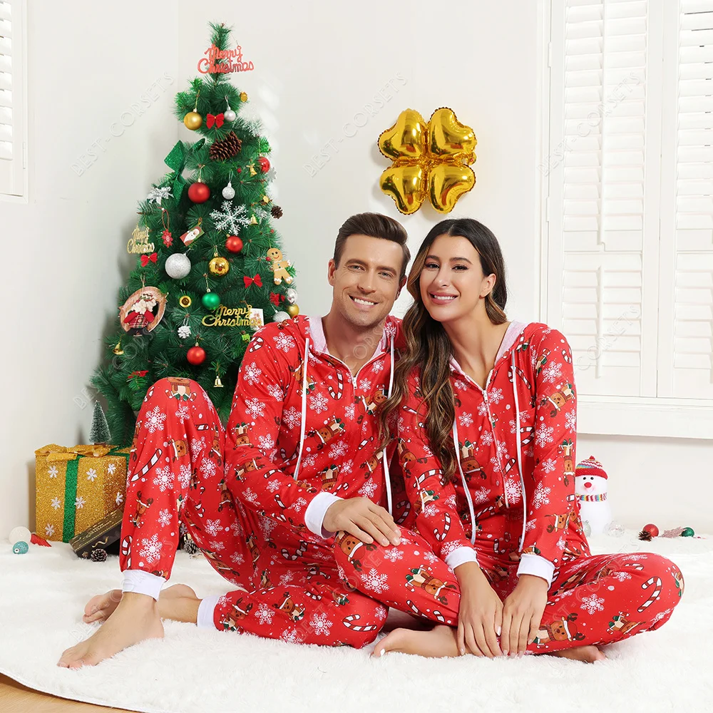 Adults Christmas Pajamas Women Men Striped Onesie Pajamas With Hoodie Zipper Santa Costume Sleepwear