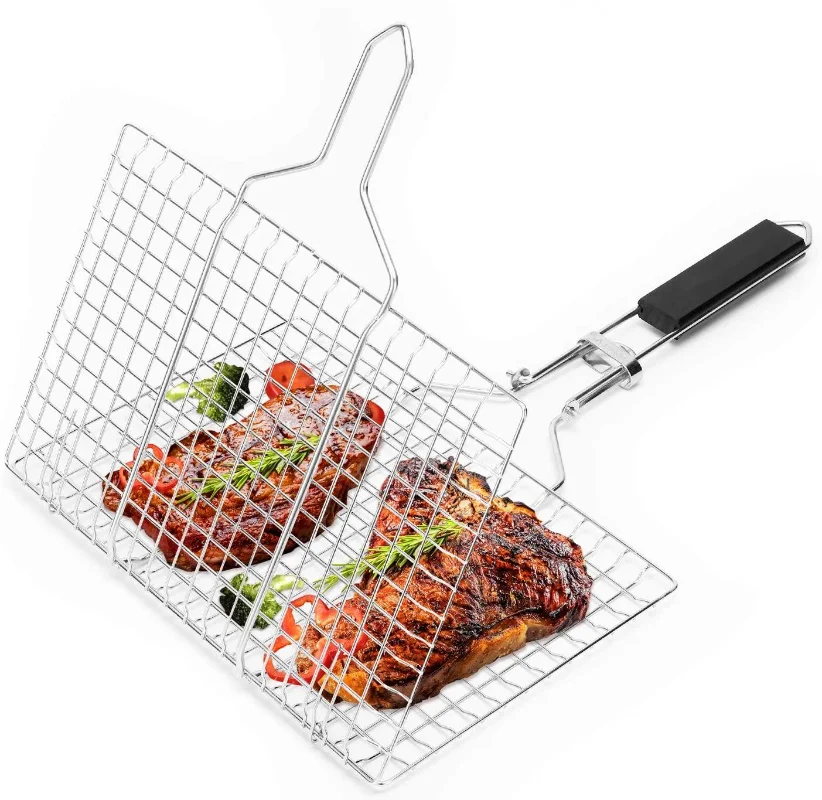 

Grill Accessories, Grill Basket and Grill Rack, Portable Folding Stainless Steel Fish Grilling Basket with Removable Handle
