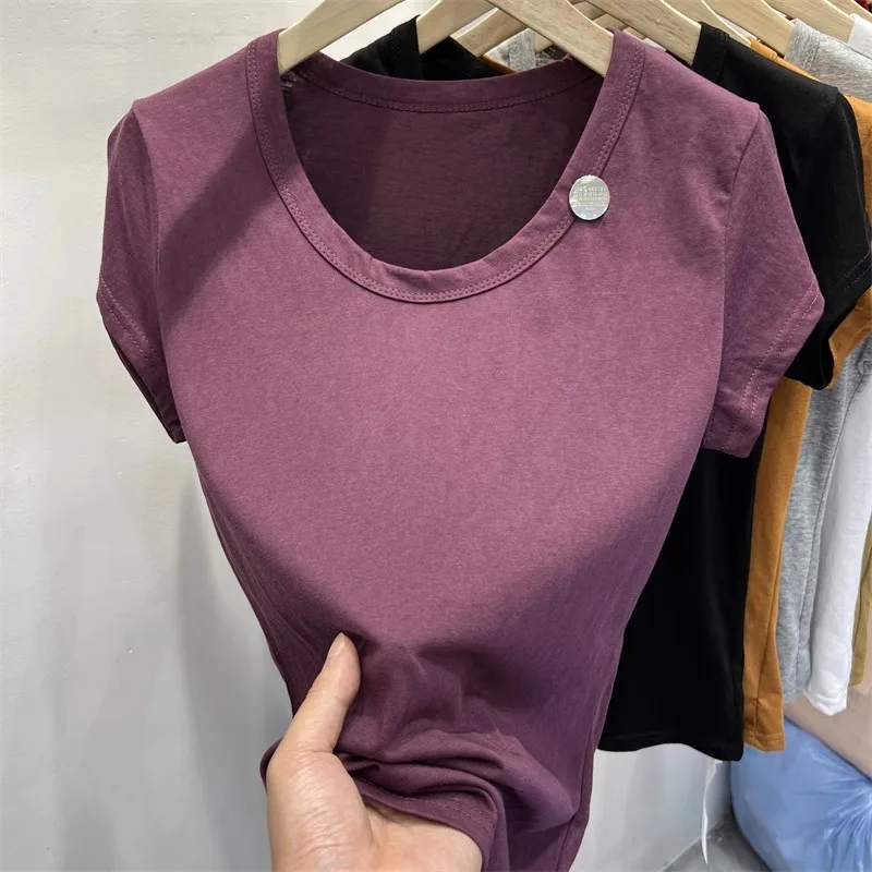 Женская футболка из чистого хлопка с коротким рукавом однотонная U-образным