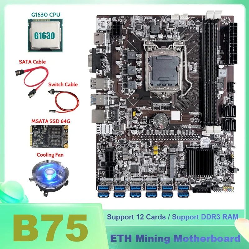 

Материнская плата B75 ETH для майнинга, 12xusb + G1630 CPU + MSATA SSD 64G + кабель переключения + кабель SATA + вентилятор охлаждения процессора, материнская пла...