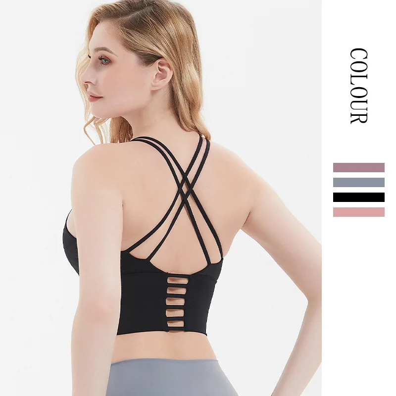 

2022 Women Yoga Sports Vest Bra Padded Crop Tops Thin Shoulder Belt Cross Back Bra Gym Fitness Running Shockproof Yoga Underwear