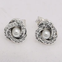 authentic 925 sterling silver interlinked circles with pearl crystal stud earrings for women wedding gift pandora jewelry