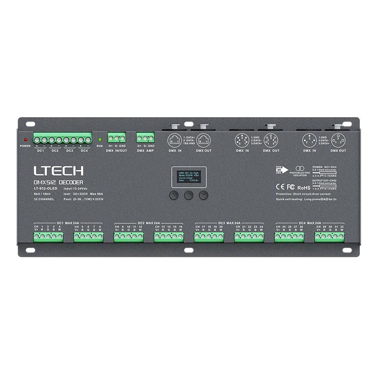 LTECH New 32 Channel DMX-PWM Decoder;DC12-24V Input;3A*32CH 96A 2304W Output RGB RGBW Strip Tape Controller XLR-3 XLR-5 RJ45