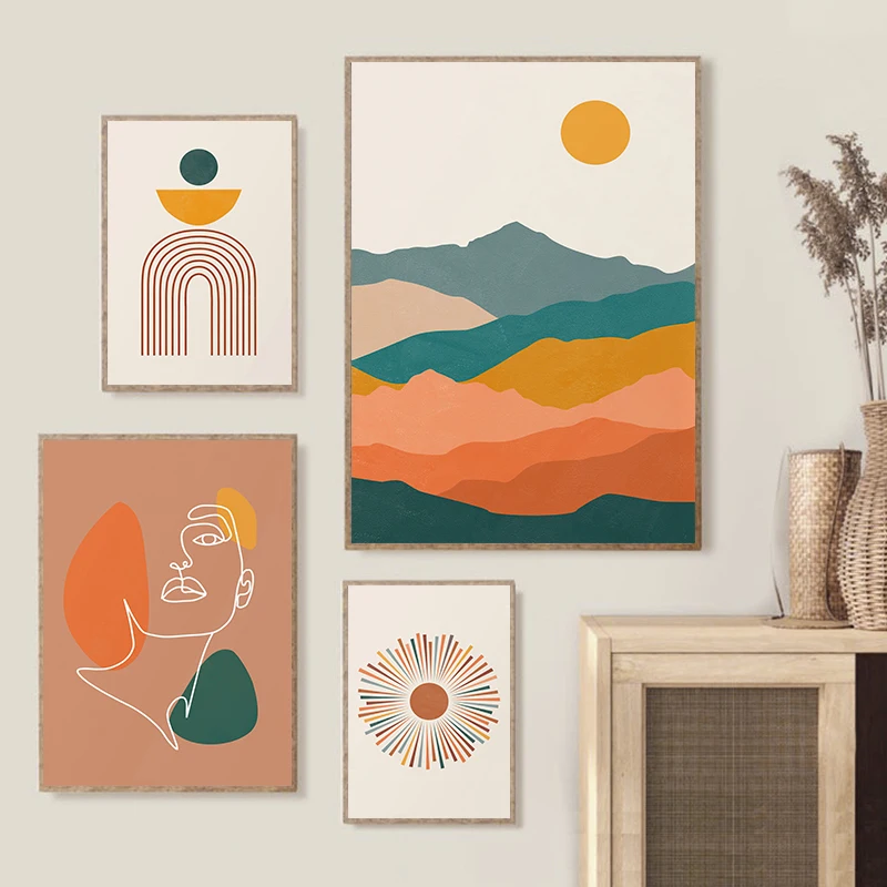 

Абстрактная линия художественный постер женское лицо холст картина скандинавский восход солнца пейзаж листья печать настенные картины для гостиной Декор