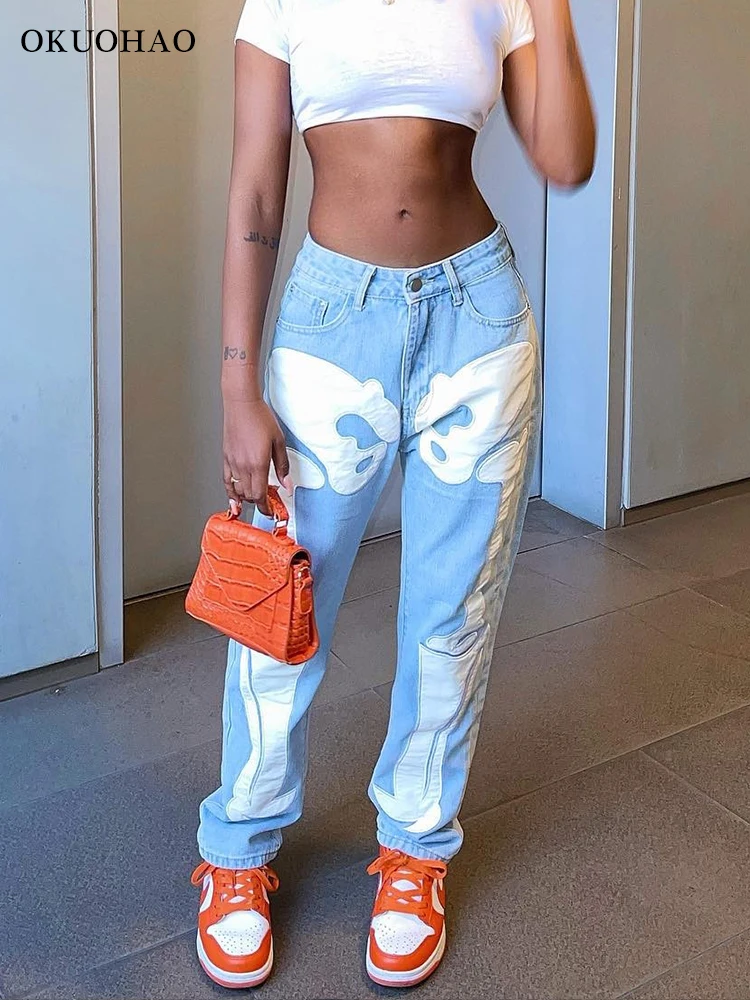 

Okuohao Print Jeans Zipper Patchwork Pockets Streerwear Fashion High Waist Vintage Casual Jeans Y2k Pants Fall Outfits Women New