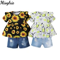 summer clothes girl 6 years child tracksuit 2piece girl outfit for children ruffle girl clothing denim shorts set kids sunflower