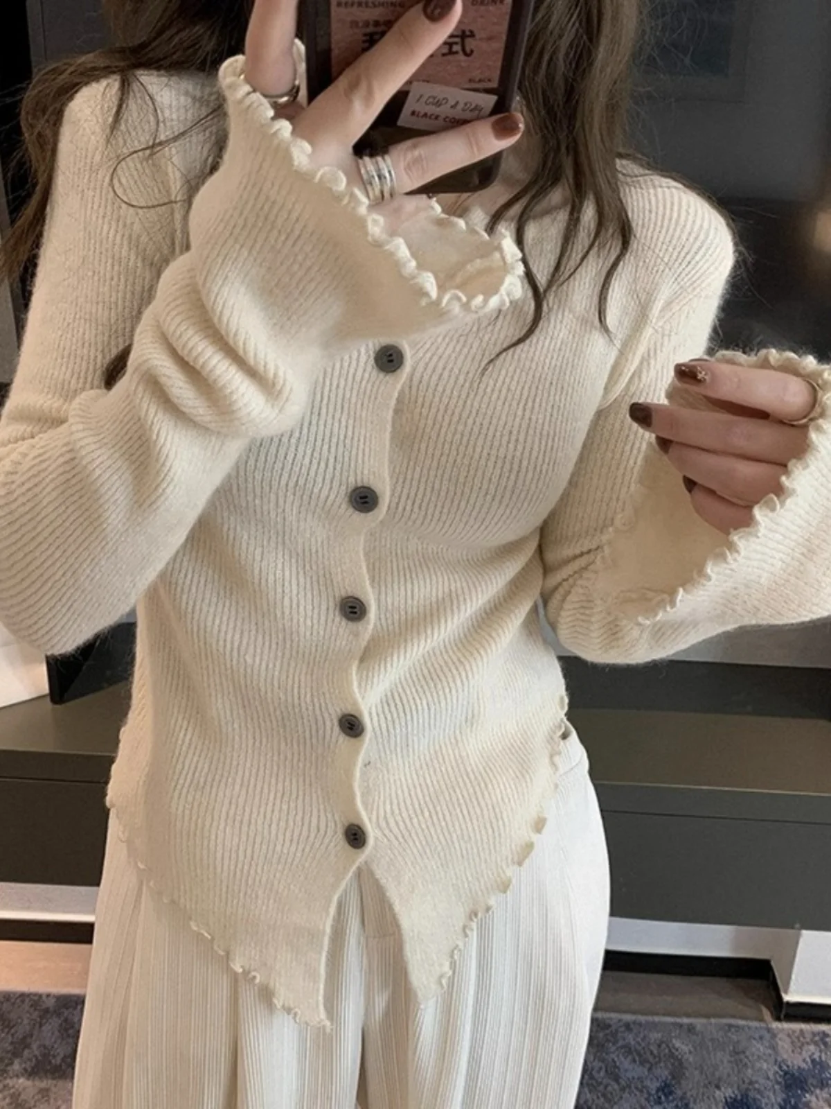 Серия корейских серий Серый кардиган неправильной формы свитер с длинным