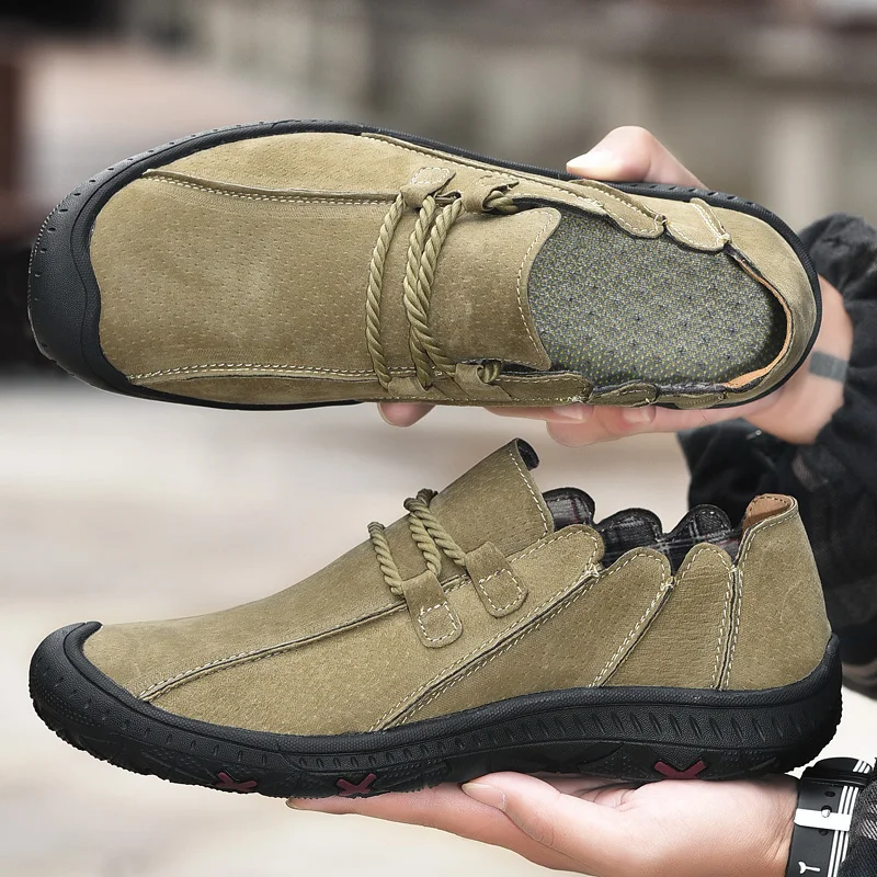 

Spring Leather Man Casual Sneakers Khaki Black Handmade Casual Shoes Good Quality Men Walking Footwear Anti Slip Brand Men Shoes