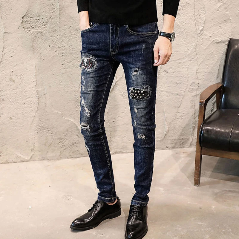 

Fashion Streetwear Elastic Skinny Men Jeans Rivet Black Destroyed Ripped Jeans Men Denim Pants Slim Fit Hip Hop Nightclub Jeans