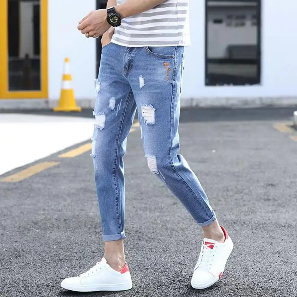 

Fashion Men Jeans Lightweight Men Elastic Slim Fit Denim Pants Button Zipper Fly Anti-wrinkle Slim Jeans Daily Garment