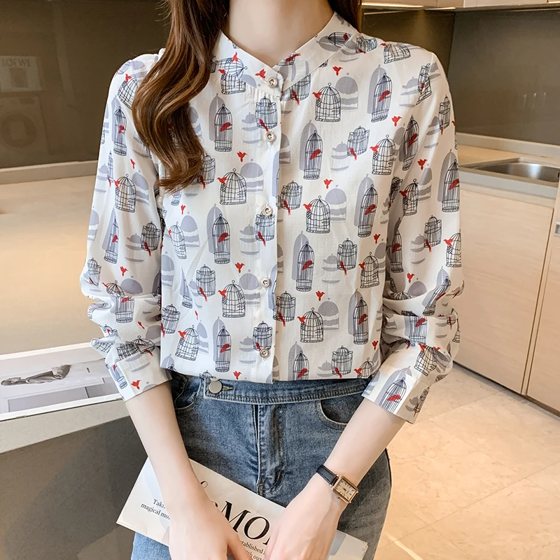 

Chiffon Women's Blouse Casual Shirt Print Spring Autumn Long Sleeve Top Fashion Clothing Loose Houthion