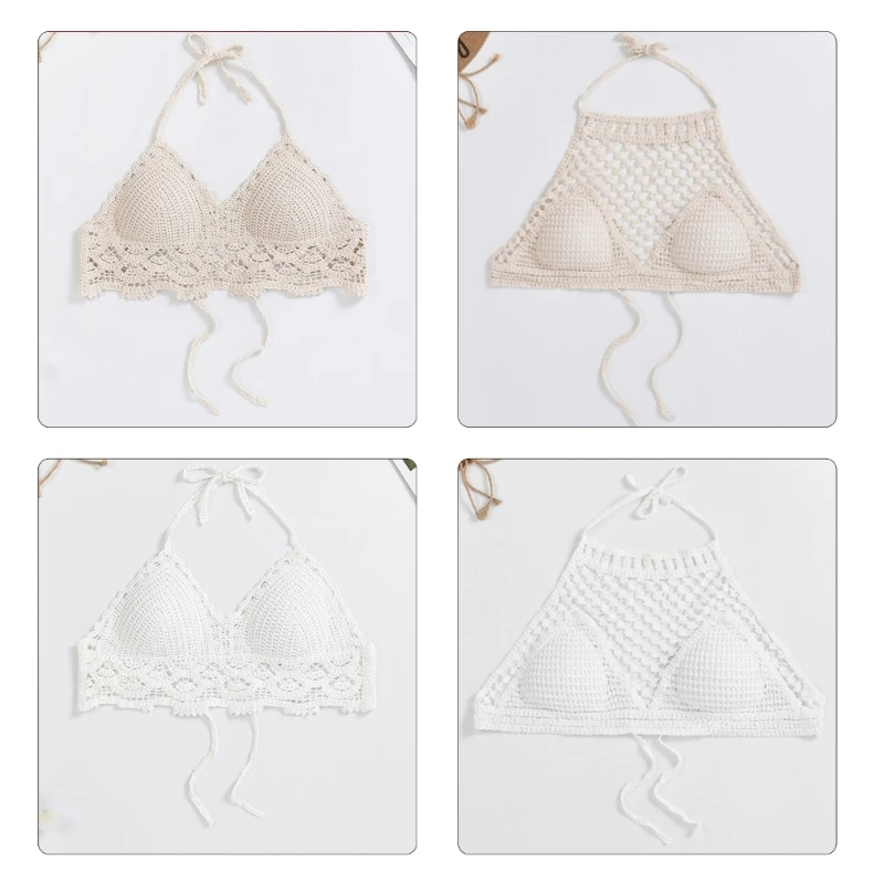 Богемный ажурный вязаный крючком кроше Топ с воротником хомутом и завязкой сзади
