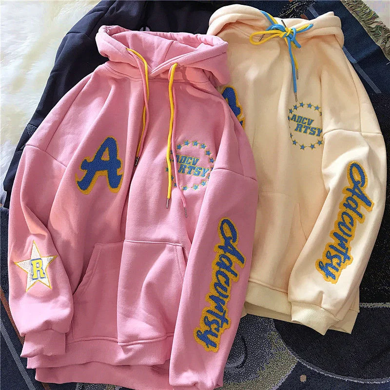 

Letter Embroidery Hoodies Women High Street Flocking Sweatshirt Women Clothes for Teens Casual and Beautiful Hoodie Pink Tops
