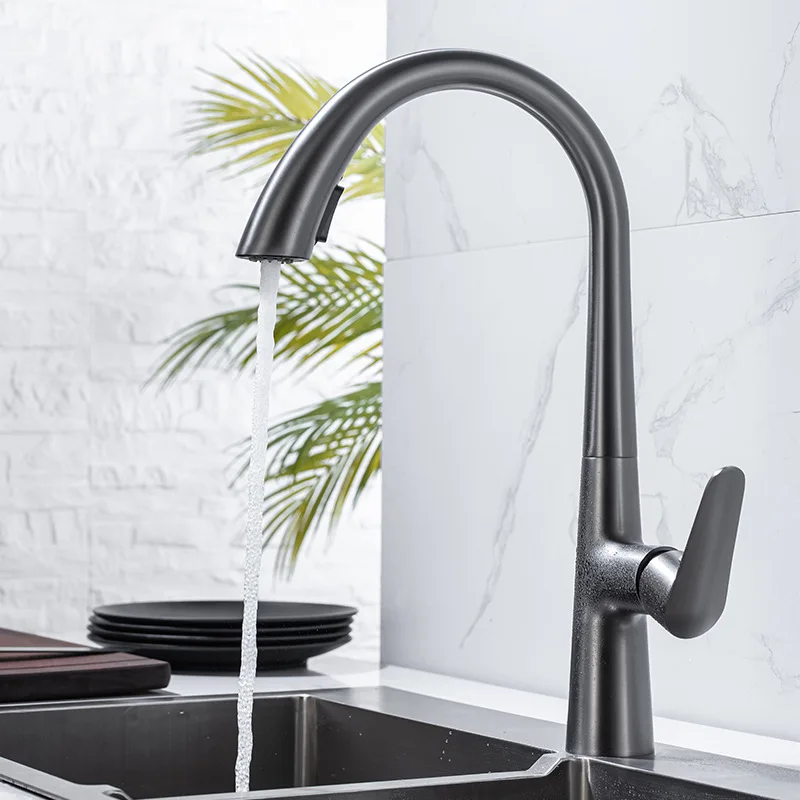 

New Creative Gun Gray Kitchen Hot and Cold Wash Basin Sink Copper Telescopic Pull-out Faucet