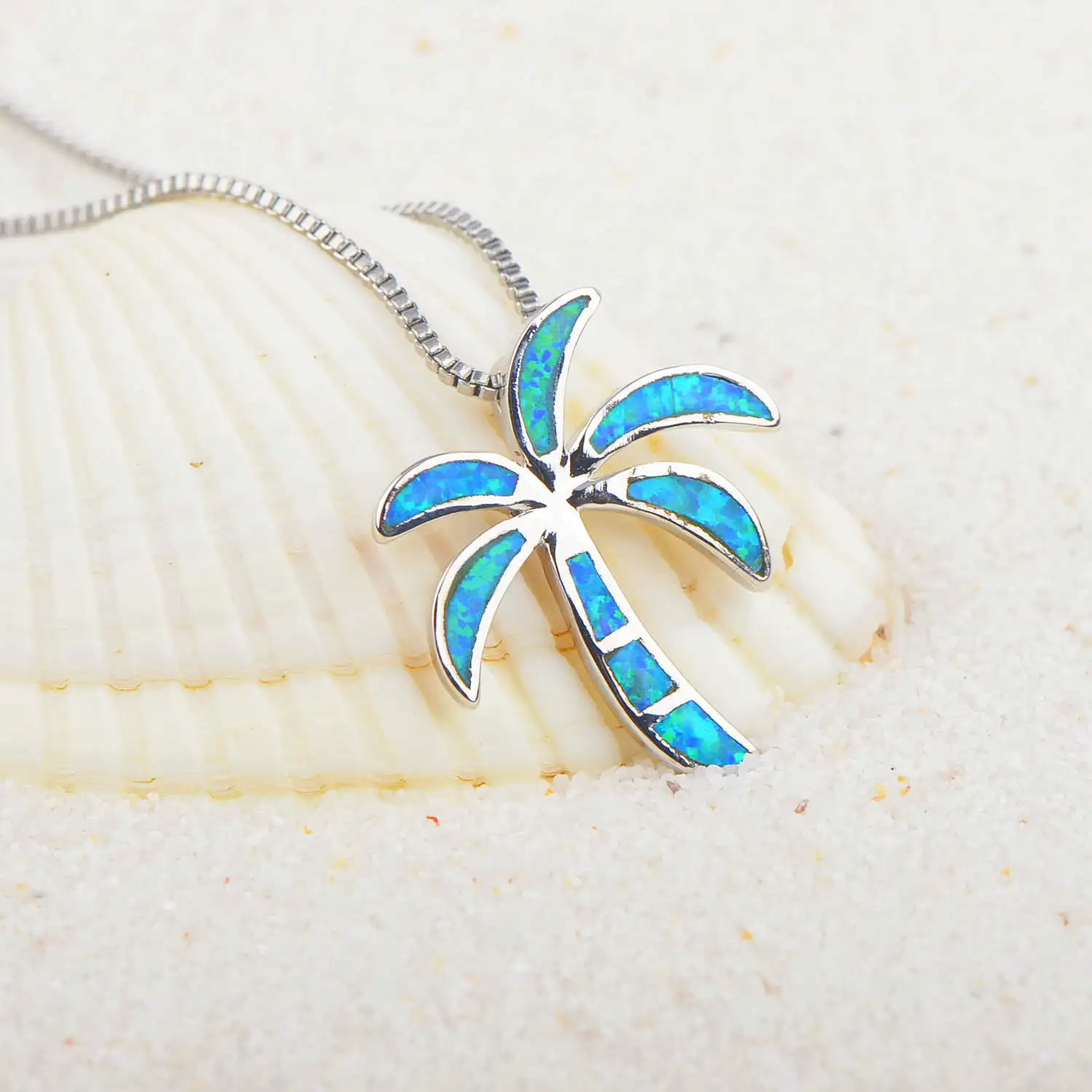 

Ocean Blue Opal Beach Palm Tree Pendant Necklace with Lab-created Opal