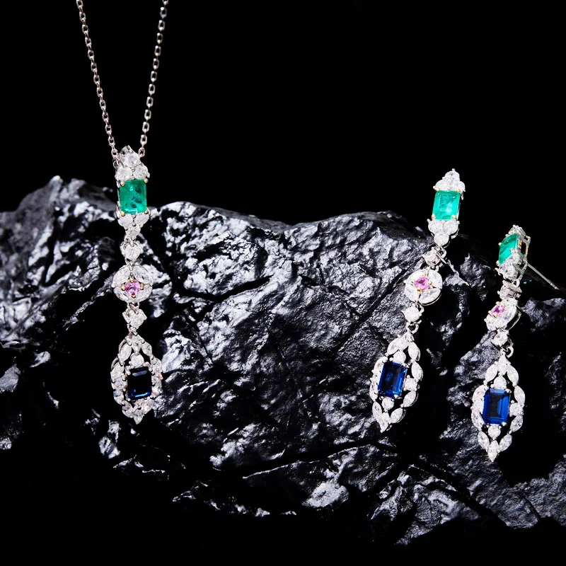 

Europe America Fashion High-end Jewellery Women Lady Inlay Zircon Three Color Stone Long Pendant Silver Color Necklace Earrings