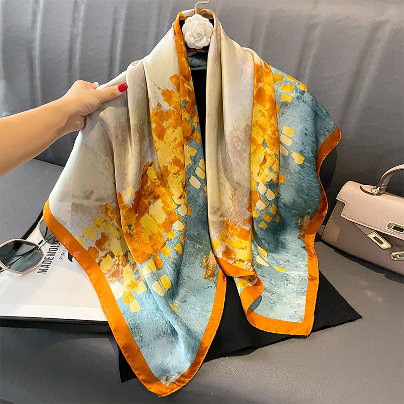 

90*90cm Silk Scarf Scarftop Headwraps For Women Vintage Four Seasons Hair Scarve Hijab Foulard Iuxe Bandana Femme Headscarf