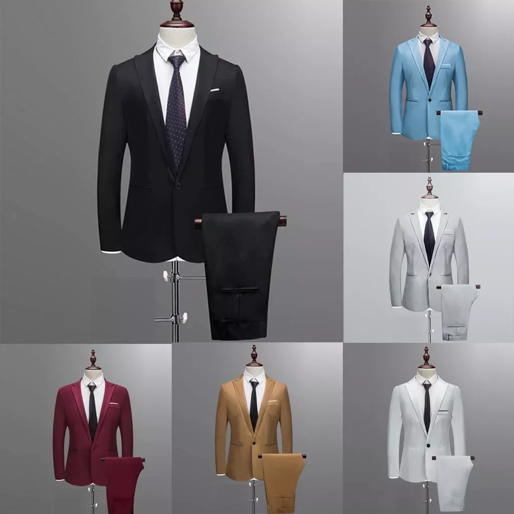 

NEW IN Mens Solid 2PCS Suit Male Lapel Slim Jacket Coat + Pants For 2021 Office Business 2 Pieces Blazer Set With Button Traje H