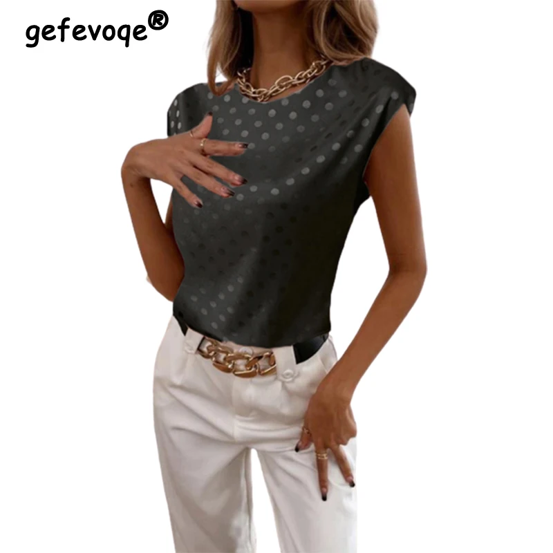 

Satin O Neck Polka Dot Jacquard Short Sleeve Casual T-shirt Women Summer 2022 Fashion Pullover Tops Loose Tee Oversize Femme