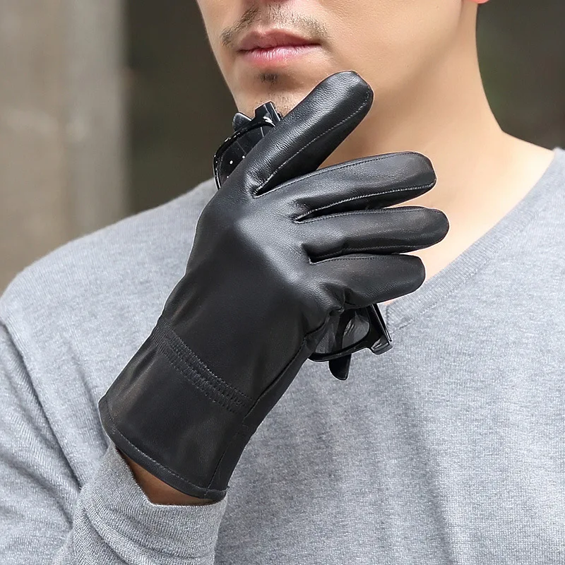 

Leather gloves Autumn and winter with fleece thickened warm men's first layer sheepskin gloves lovers winter ski gloves