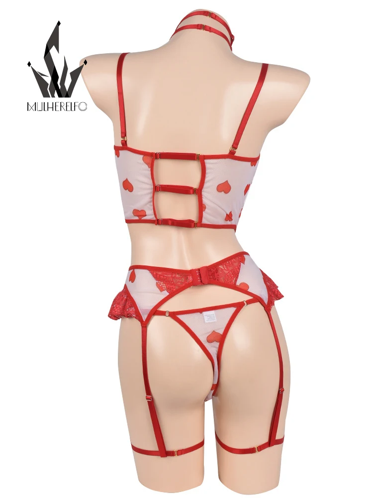 Mulherelfo Lingerie For Women Heart Print Erotic Ruffles Garter Fancy Underwear Sexy G-String Thongs Red Lace 4-Pieces Outfits