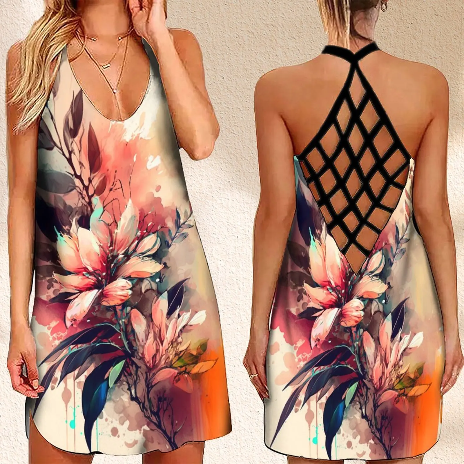 

Летнее женское платье без рукавов с открытой спиной и перекрестными линиями, женские летние сарафаны, Вечерние Платья с цветочным принтом и акварельным принтом для женщин