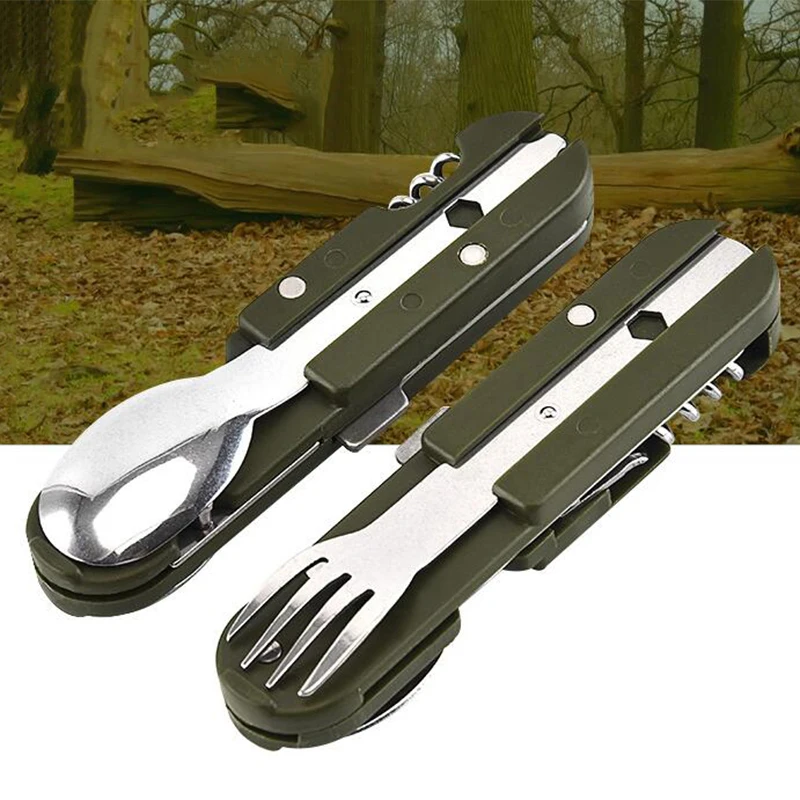 

Army Green Folding Portable Stainless Steel Camping Picnic Cutlery Knife Fork Spoon Bottle Opener Flatware Tableware Travel Kit