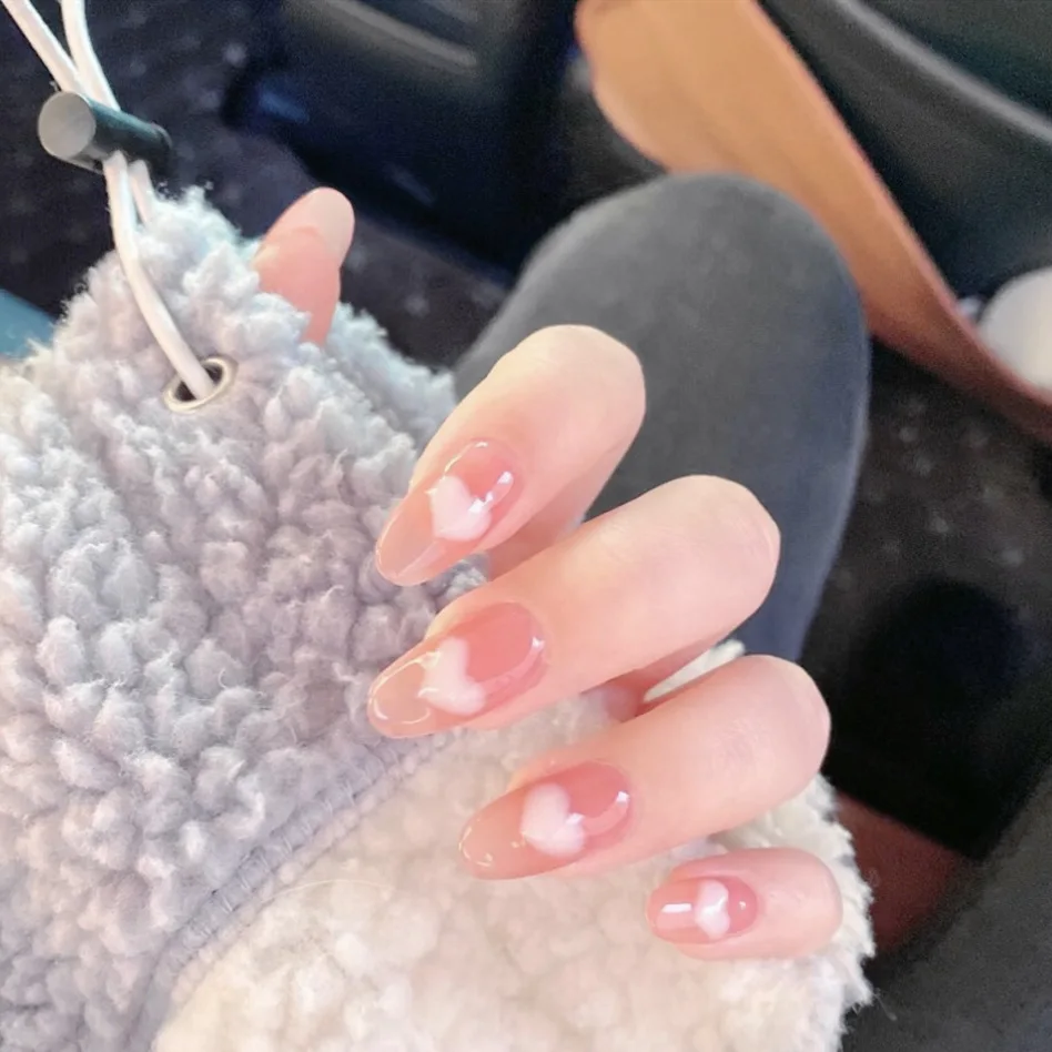 

24Pcs/Box Fake Nails Ballerina Pink Color WIth Heart Design DIY Manicure Full Cover Nail Tips With 24Pcs Glue Sticker