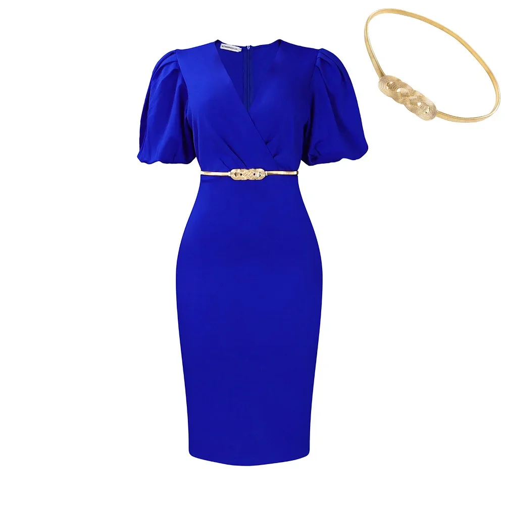 Prowow элегантное офисное женское платье миди пышное с короткими рукавами и