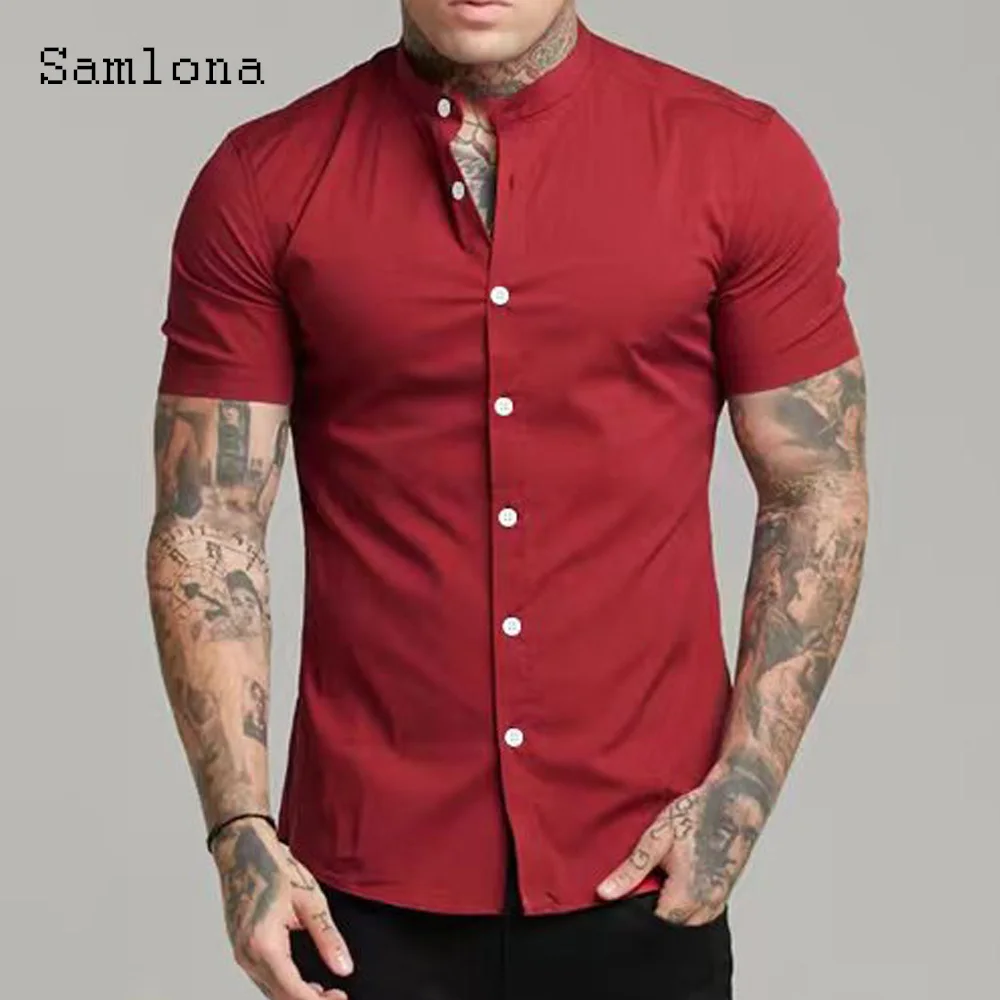 Mens Latest Casual Shirts Masculina 2023 Mandarin Collar Leisure Shirt blusas Homme Ropa Sexy Top Wear Solid Red Gray Blouse