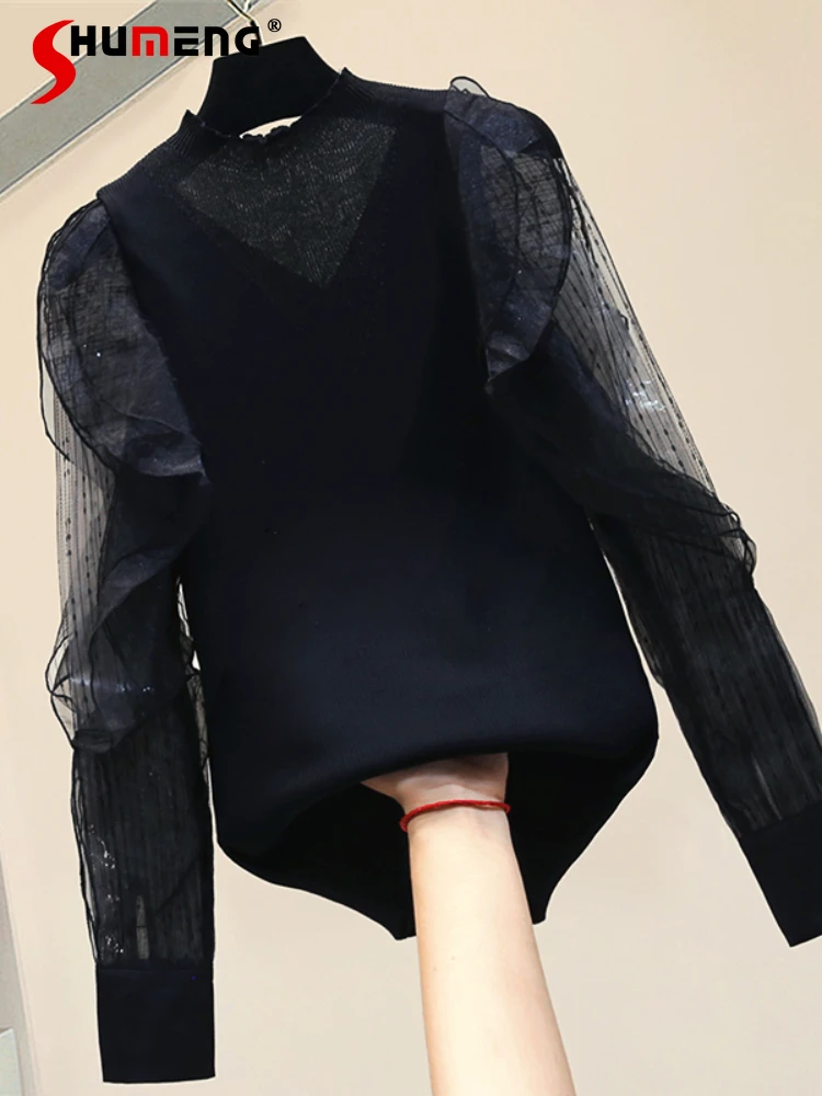 

Half-High Collar Long Lantern Sleeve Black Knitwear Autumn 2022 Women's Slimming Flounce Chiffon Patchwork Female Knttting Tops