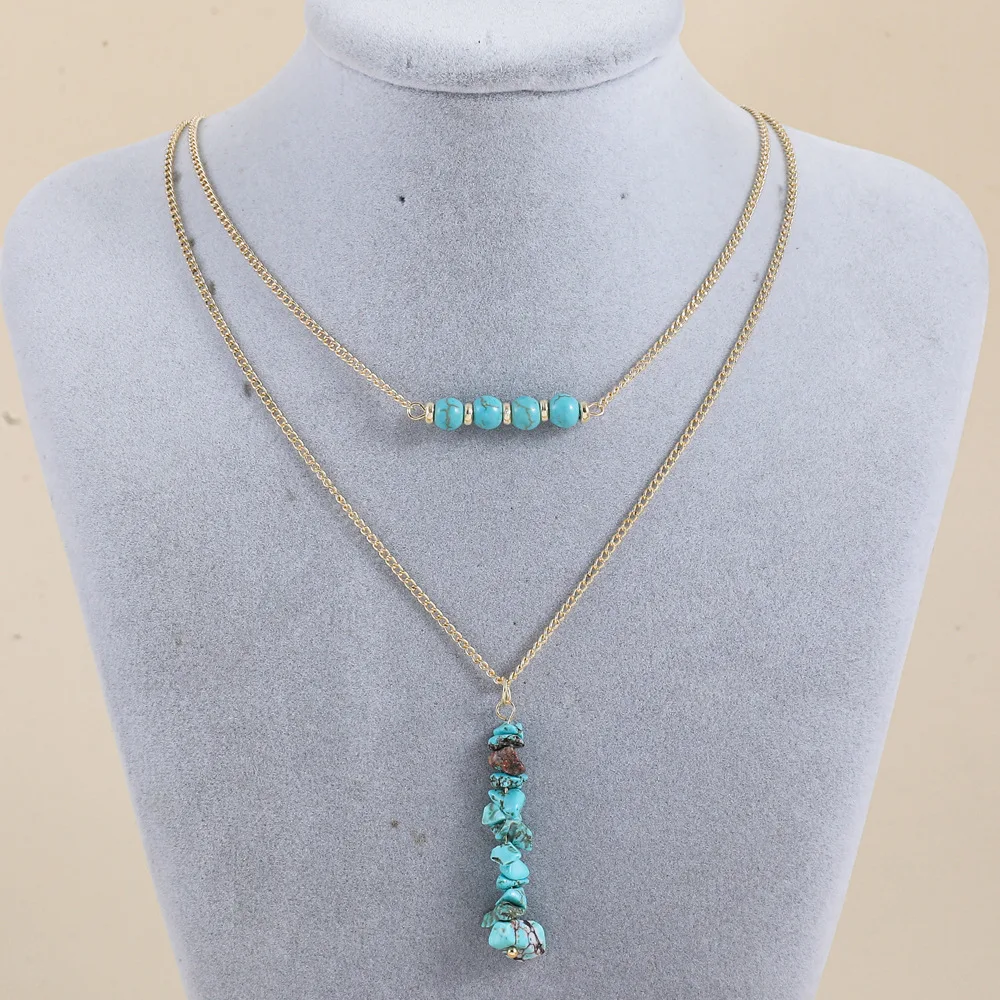 

U-Magical Bohemian Double Layer Irregular Green Stone Pendant Necklace for Women Beaded Tassel Gold Metal Chain Necklace Jewelry