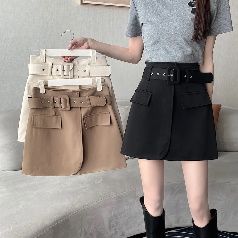 

Vintage A-Line Skirt With Belt 2023 Fashion Women Y2K Crop Pocket High Waist Sexy Preppy Style Mini Skirts Streetwear Faldas