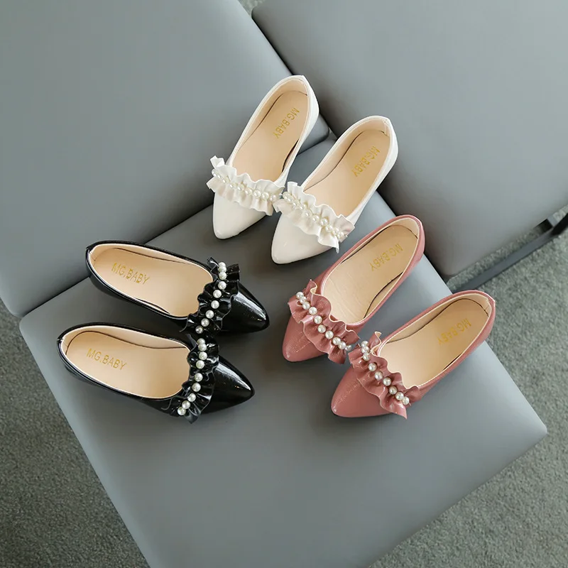 

Girls Leather Shoes New Pearl Shallow Mouth Low Heel Cute Princess Single Shoes Sweet Chic All-match Kids Casual Hot for Wedding