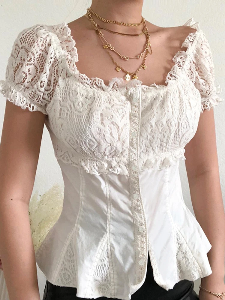 

WeiYao Korean Fashion White Lace Button Up T-Shirt Womens Mesh Puff Sleeve Tees Ruffled Hem Fairycore Slim Summer Crop Top New