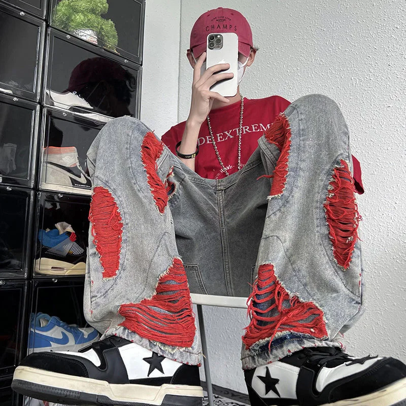 

Men Korean Streetwear Casual Ripped Wide Leg Pants Baggy Denim Jogger Trousers High Waist Brand Hip Hop Male Jeans Clothing