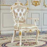 European-style White Gold-painted Solid Wood Dining Table Pink Dragon Jade Marble Long Dining Table Leather Dining Chair