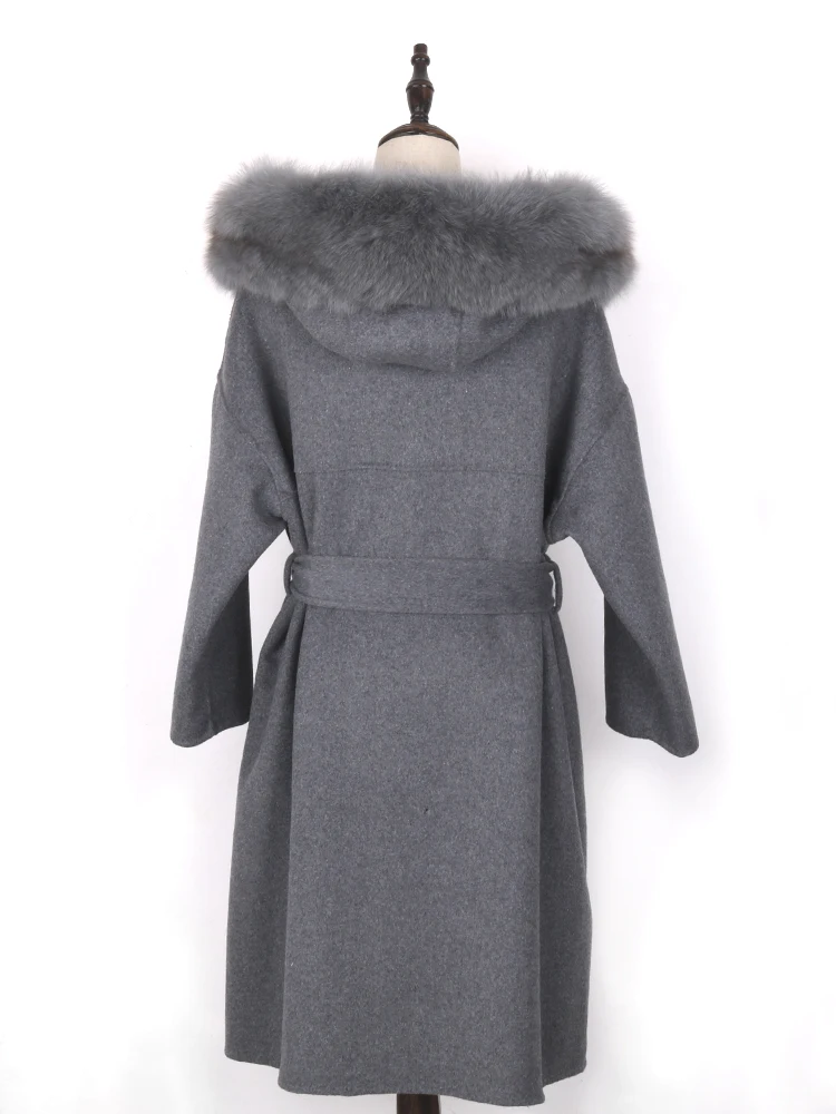 Lavelache 2023 Real Fur Coat Winter Jacket Women Natural Fox Fur Collar Cashmere Wool Blends Long Outerwear Ladies Streetwear